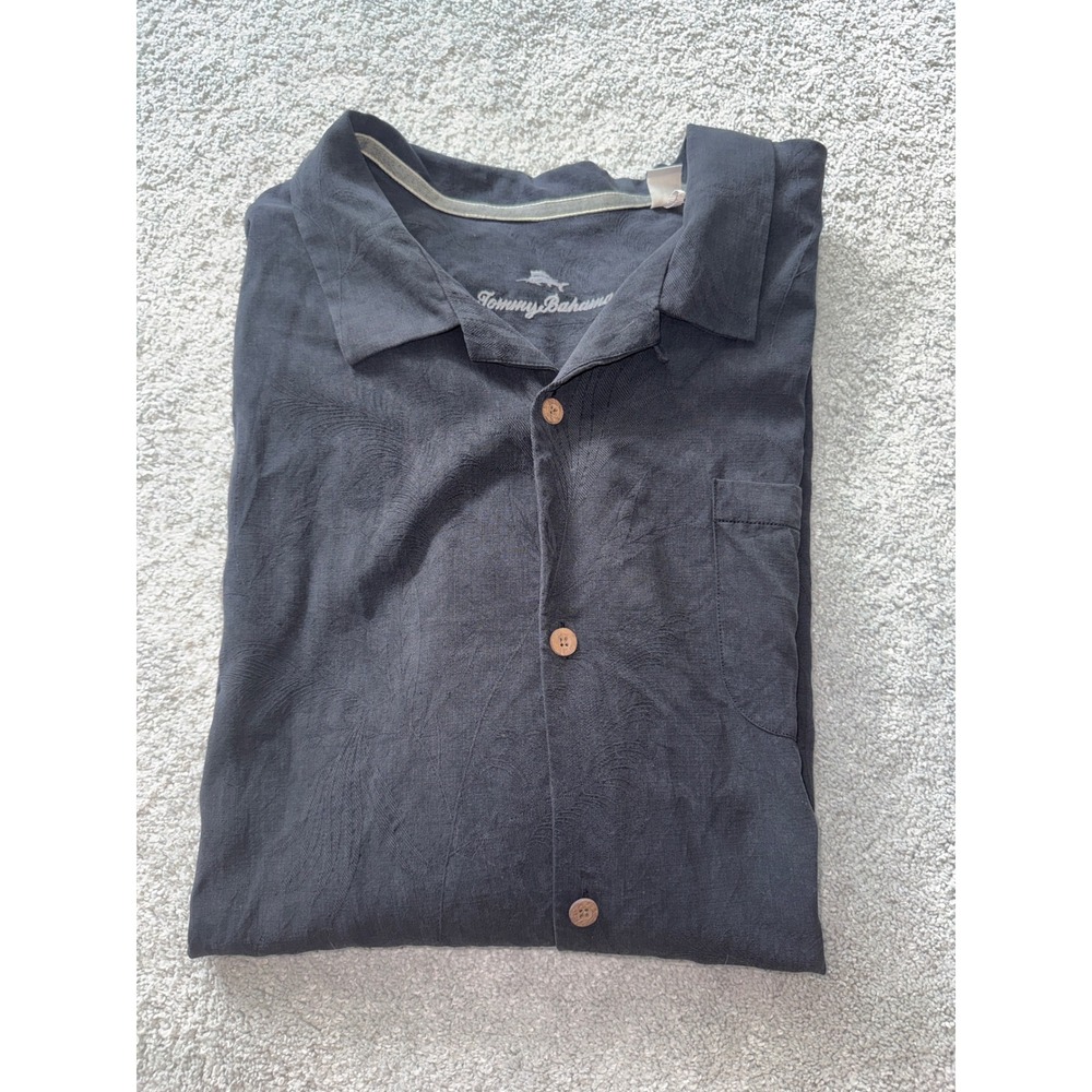 Tommy Bahama Mens 3XL Silk Button Down Shirt Black Jacquard Palm Leaf Tropical